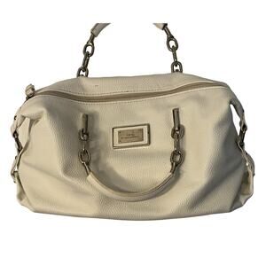 Lulu Guinness Handbag White Top Handle Satchel Zip Close Pockets Silver Accents